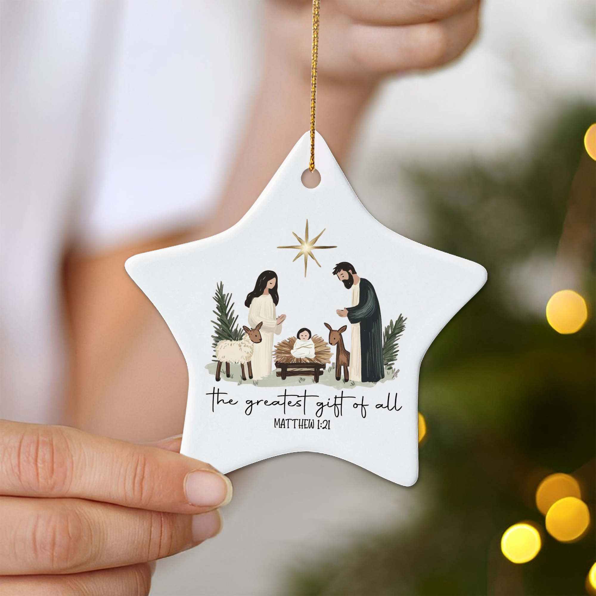Minimalist Nativity Scene Christmas Ornament, Greatest Gift of All Matthew 1:21, Christian Holiday Decoration, Religious Xmas Tree Decor DCLAF43